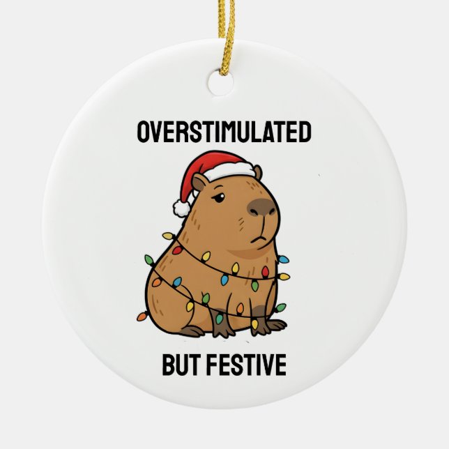 Overstimulated But Festive Capybara Ceramic Tree Decoration (Front)