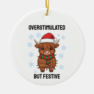 Overstimulated But Festive Cow Christmas  Ceramic Tree Decoration