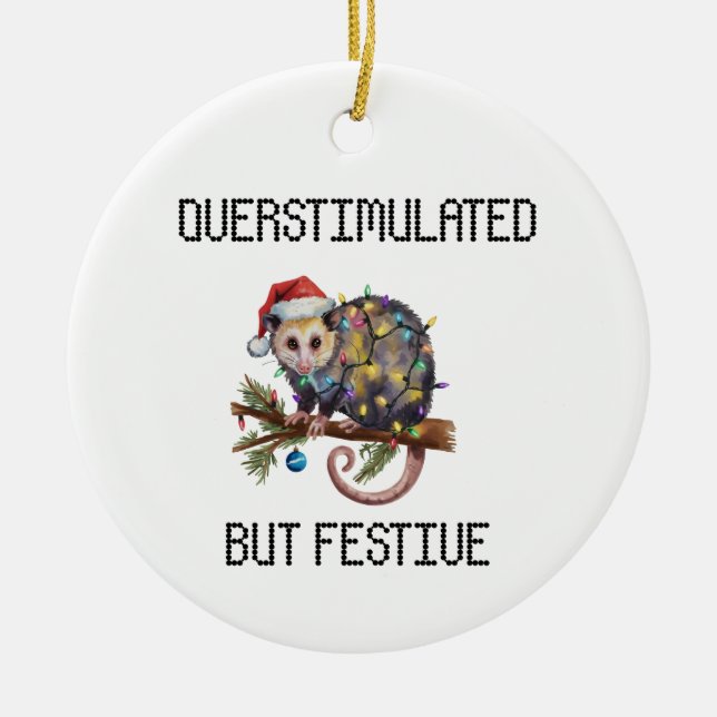 Overstimulated But Festive Possum  Ceramic Tree Decoration (Front)