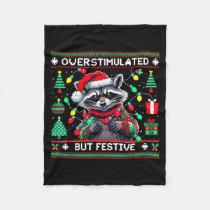 Overstimulated But Festive Raccoon Christmas Fleece Blanket
