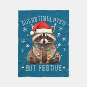 Overstimulated But Festive Raccoon Funny Christmas Fleece Blanket