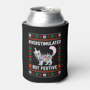 Overstimulated But Festive Ugly Christmas Cat Can Cooler