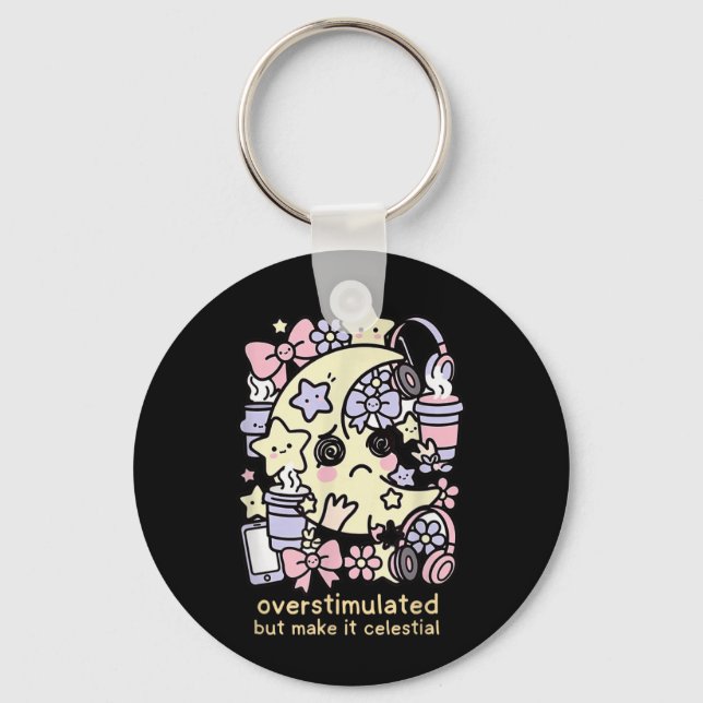 Overstimulated Mum Mama Celestial Sad Moon Pastel Key Ring (Front)