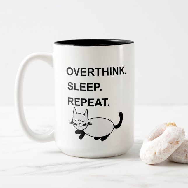 Overthink Sleep Repeat Sleeping Cat  Two-Tone Coffee Mug (With Donut)