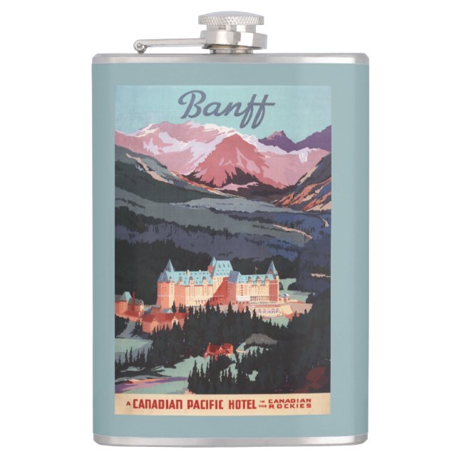 Overview of the Banff Springs Hotel Poster Hip Flask (Front)