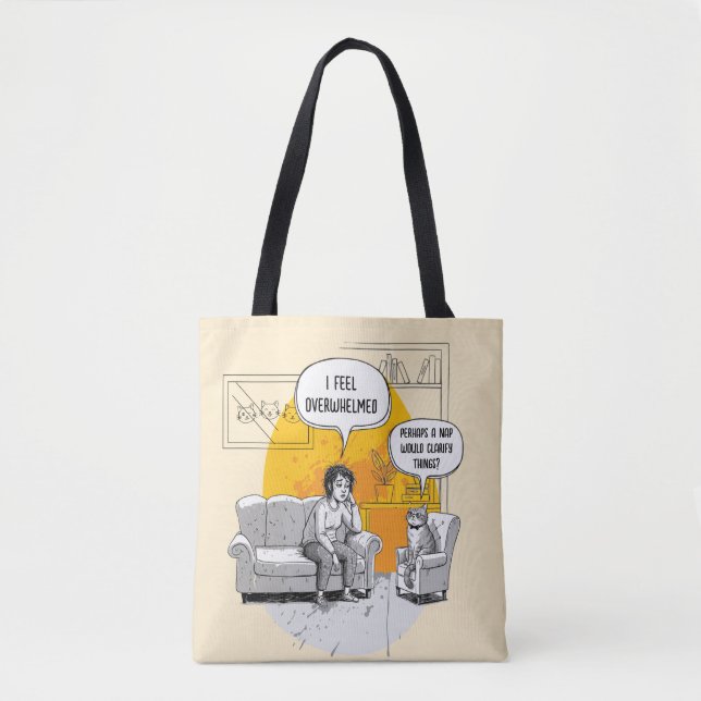 Overwhelmed Introvert Cat Humour Relatable Meme Tote Bag (Front)