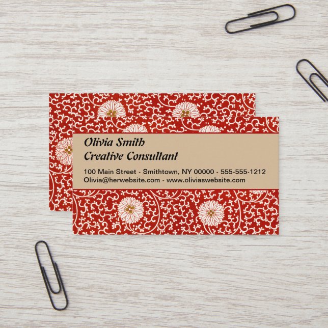Owen Jones Chinese Ornament Red White Floral Business Card (Front/Back In Situ)