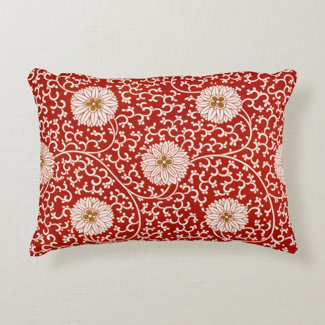 Owen Jones Chinese Ornament Red White Floral Decorative Cushion (Front)