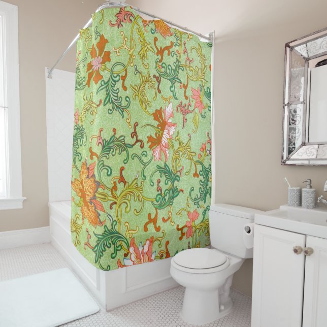 Owen Jones Floral Pattern Green Background Shower Curtain (In Situ)