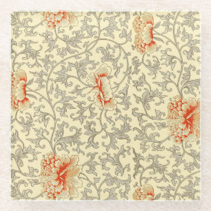 Owen Jones Vintage Pattern: Coral Floral Grey Glass Coaster