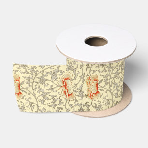 Owen Jones Vintage Pattern: Coral Floral Grey Satin Ribbon