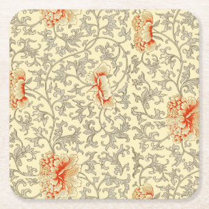 Owen Jones Vintage Pattern: Coral Floral Grey Square Paper Coaster