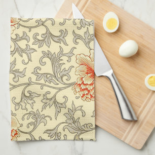 Owen Jones Vintage Pattern: Coral Floral Grey Tea Towel