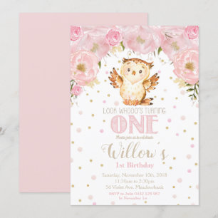 Owl 1st Birthday Invitation Blush Floral Girl