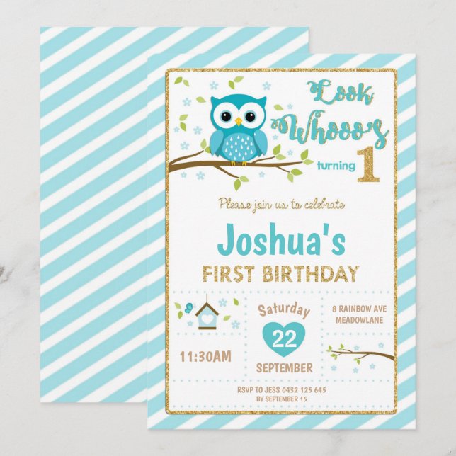 Owl 1st Birthday Invitation Boy Turquoise and Gold (Front/Back)