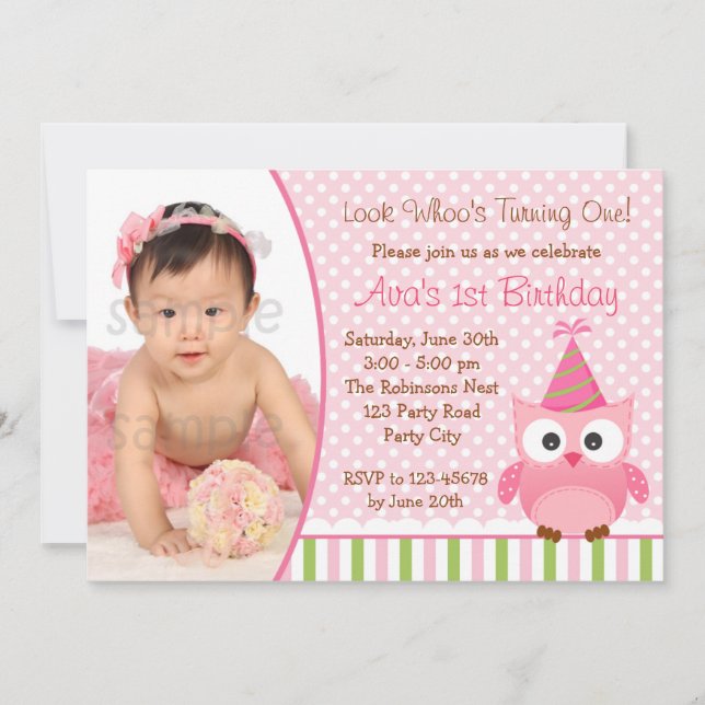 Owl 1st Birthday Invitation with Photo for Girls (Front)