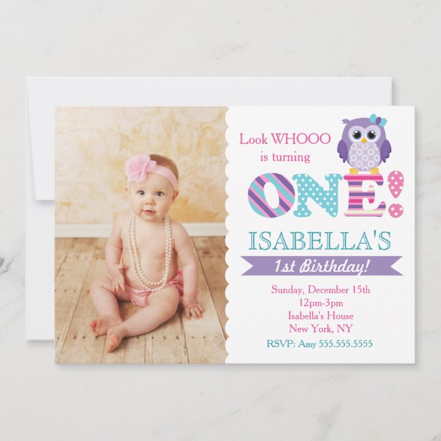Owl 1st Birthday Invitations for Girl (Front)