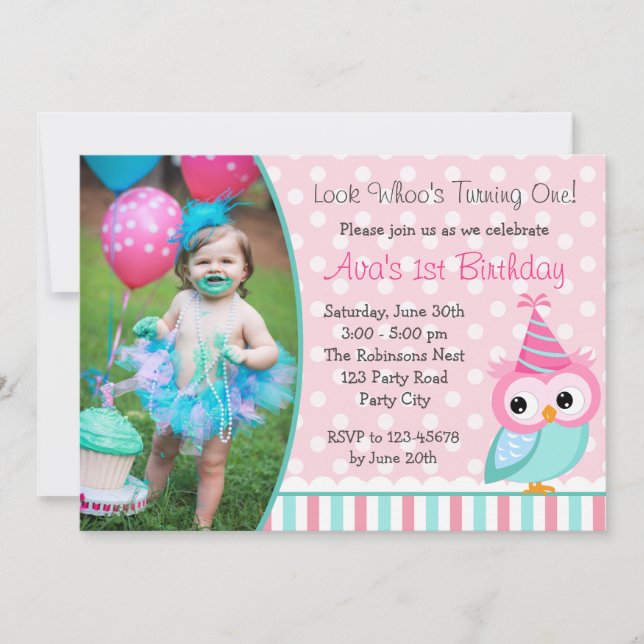 Owl 1st Birthday Invitations with Photo Turquoise (Front)