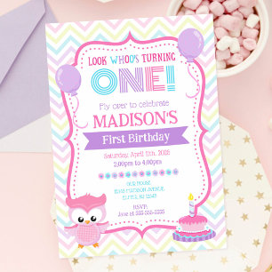 Owl 1st Birthday Party Invitation Girl Pink