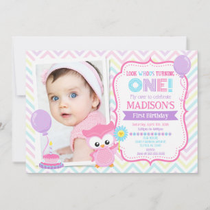 Owl 1st Birthday Party Photo Invitation Girl Pink