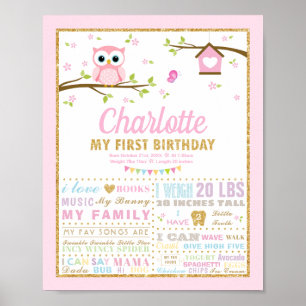 Owl 1st Birthday Pink Milestone Birth Stats Sign
