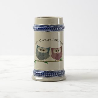 Owl always Love You, Pink and Blue Cute Owls Art Beer Stein