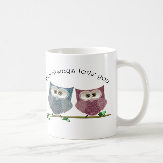 Owl always Love You, Pink and Blue Cute Owls Art Coffee Mug (Right)