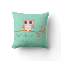 Owl Always Love You Pink Owl On Seafoam Pillow