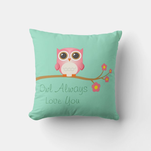 Owl Always Love You Pink Owl On Seafoam Pillow (Front)