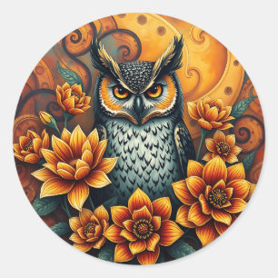 Owl Among Vibrant Flowers Classic Round Sticker