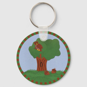 Owl and an Oak Tree Whimsical Cartoon Art Key Ring