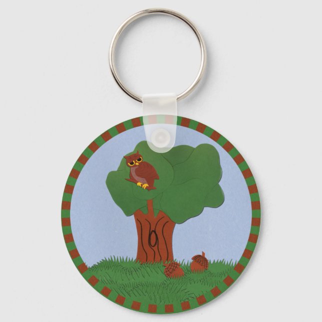 Owl and an Oak Tree Whimsical Cartoon Art Key Ring (Front)