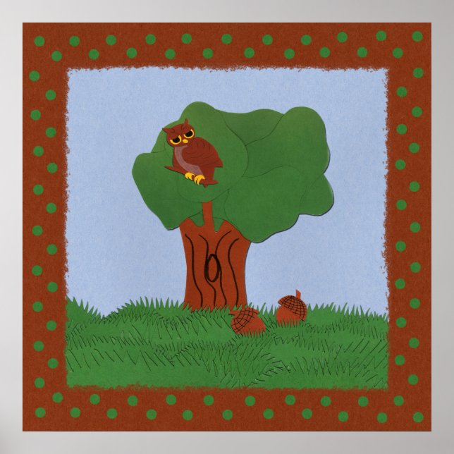 Owl and an Oak Tree Whimsical Cartoon Art Poster (Front)