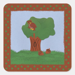 Owl and an Oak Tree Whimsical Cartoon Art Square Sticker