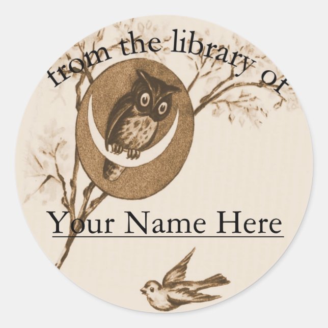 Owl and Bird Bookplate Classic Round Sticker (Front)