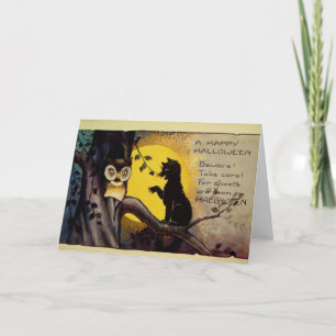 Owl and Black Cat Halloween Warning Card
