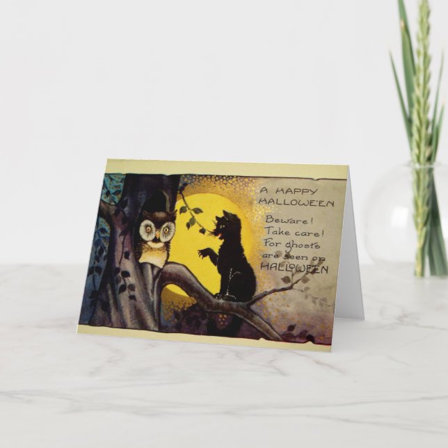 Owl and Black Cat Halloween Warning Card (Front)