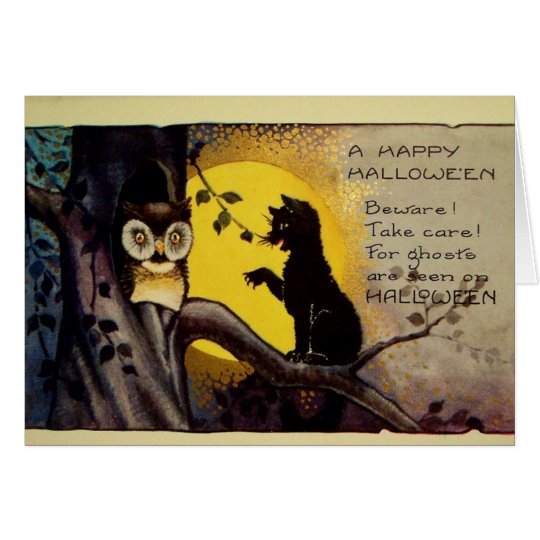Owl and Black Cat Halloween Warning Card