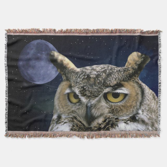 Owl and Blue Moon Throw Blanket (Front)