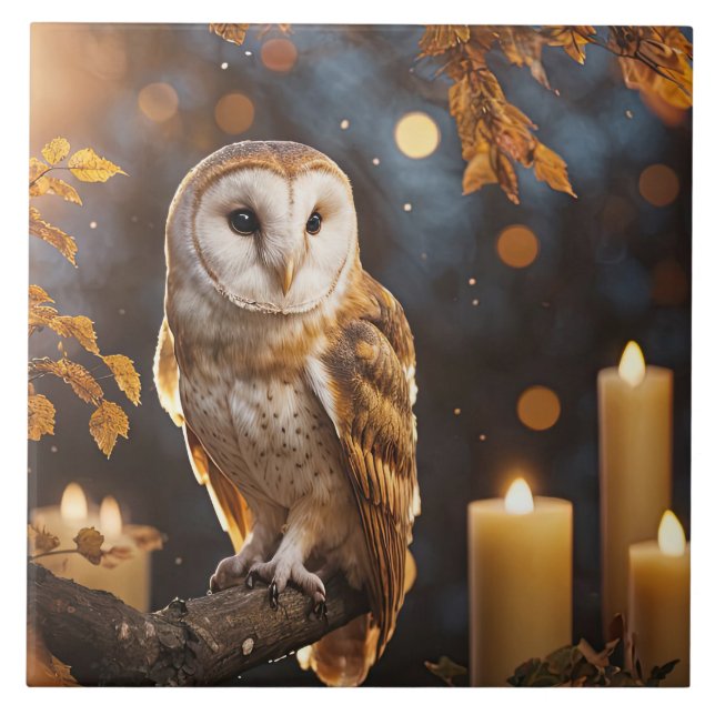 Owl and Candles Mystical Magical Autumn Tile (Front)