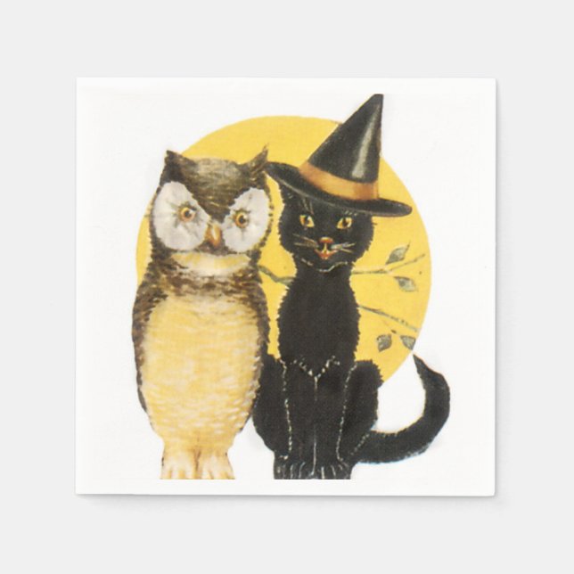 Owl and Cat Halloween Napkin (Front)