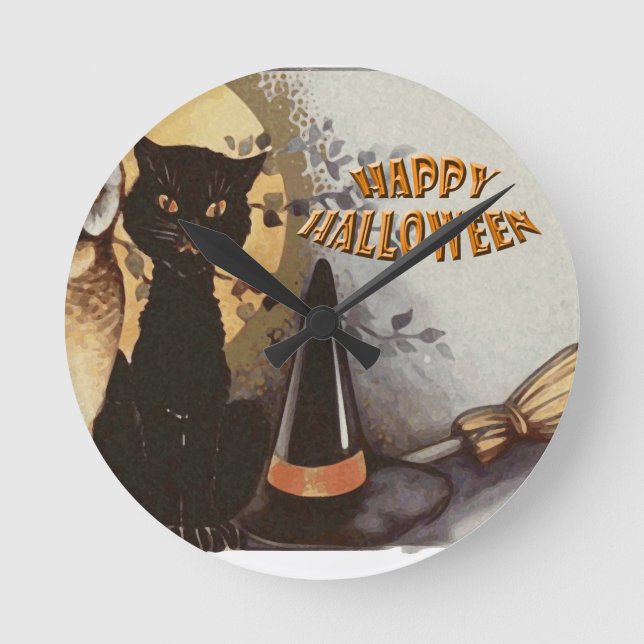 Owl and Cat Halloween Round Clock (Front)