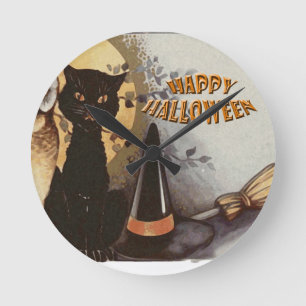 Owl and Cat Halloween Round Clock