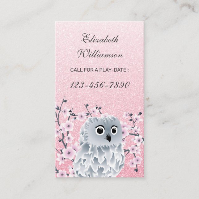 Owl And Cherry Blossom Pink Call For Playdate  Business Card (Front)