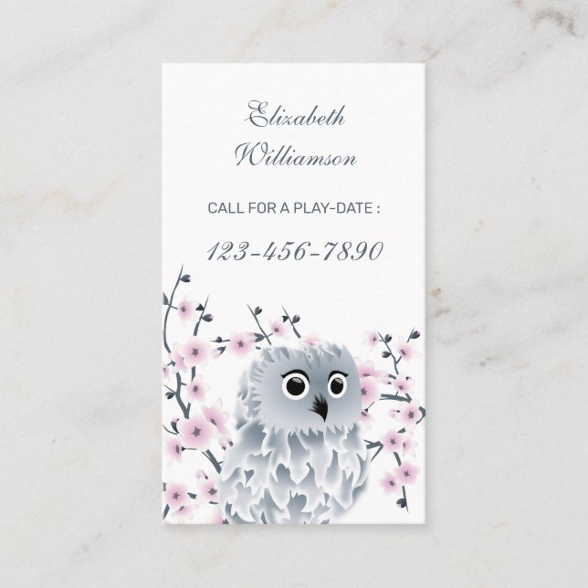Owl And Cherry Blossom Pink Call For Playdate  Business Card (Front)