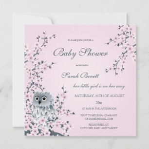 Owl  And Cherry Blossoms Baby Shower Invitation