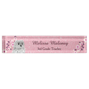 Owl And Cherry Blossoms Pink Glitter Nameplate