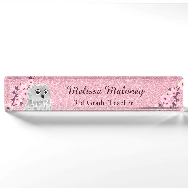 Owl And Cherry Blossoms Pink Glitter Nameplate (Front)