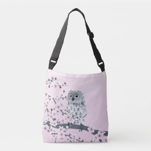 Owl And Cherry Blossoms Pink Grey Kids Crossbody Bag
