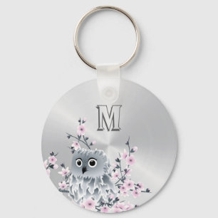 Owl And Cherry Blossoms Pink Silver Key Ring
